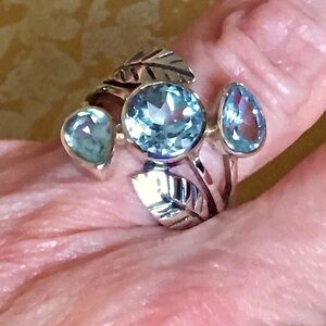 SALE Sterling Silver Leaf Design Ring with Blue Topaz Stones